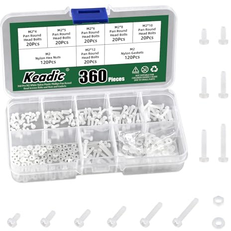 Keadic Lot de 360 vis à tête ronde, en nylon et plastique M2, blanc, en nylon et plastique