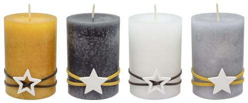 ZauberDeko Adventskerzen Stumpenkerzen Kerzen Gelb Grau Stern Weiß Adventskranz Weihnachten Deko 9x6cm 4 Stück
