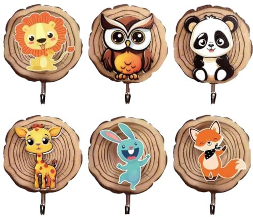 QOWIJEX 6 Piezas Perchero para Niños,Ganchos para Ropa para Niños en Forma de Animal, Ganchos Autoadhesivos, Ganchos de Pared de Madera, sin Taladrar, Armario de Habitación Infantil