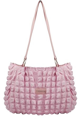 AfitLulu Groß Handtasche Damen Gesteppt Tote Bag, Plissiert Umhängetasche Aufgeblasen Shopper Tasche mit Reißverschluß und Ledergriff für Einkaufen Reisen Arbeit (Rosa)