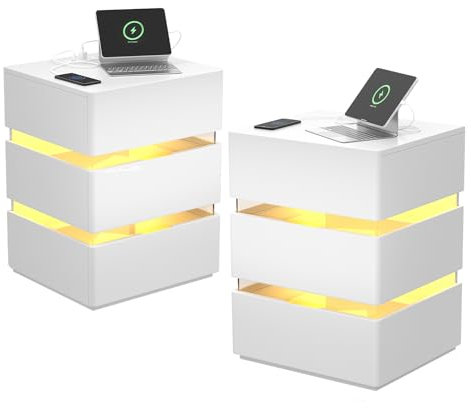 LEADZM Nachttisch mit LED-Beleuchtung 2 er Set,16 LED Farben mit Ladestation und USB-Anschlüssen,3 Schubladen Beistellschrank Nachtschrank Weiß (2, Weiß)