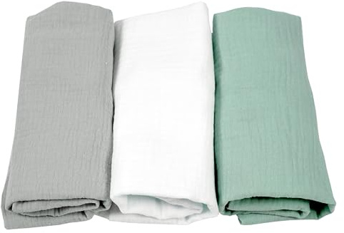 BabyLux Musselin Spannbettlaken Set – 3er Pack (40x80 cm) für Kinderwagen, Stubenwagen, Babybett & Wiege Matratzenbezug (z17 Grau-Weiß-Grün)