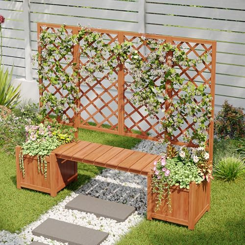 Merax Jardinière avec brise-vue - Jardinière avec treillis en bois massif - Pour jardin, cour, terrasse - Marron - 169 x 42 x 145 cm (L x l x H)