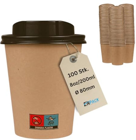 Enpack 100 Kaffeebecher braun mit Deckel 80mm - einweg kaffeetassen mit 200ml/8oz Füllmenge - Hitzebeständige to Go Becher - Recycelbare cafe to go becher für Kaffee/Tee/Kakao -Kraftpapier