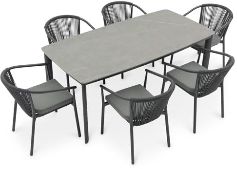 IDIMEX Gartenmöbel Set TAVOLO mit 6 Stühlen und Tisch, anthrazit - 180x90 cm Gartentisch mit Steinplatte, Outdoor Essgruppe, Stühle mit Rope Bespannung, wetterfest für Garten Terrasse & Balkon