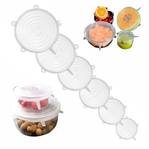 6Pcs Silicone Lids Food Covers Reusable Stretch Lids Elastic Heat-Resistant Bowl Covers, Cups, Cans, Jars Universal Food Grade Lid for Round
