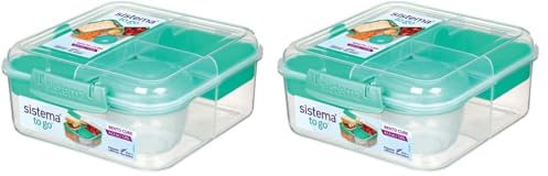 Sistema Bento Box TO GO Brotdose mit Fächern | 1,25 L Lunchbox mit Joghurt-/Fruchtbehälter | für Kinder & Erwachsene l | BPA-frei | Minty Teal [21685-8T], Mintgrün (Packung mit 2)