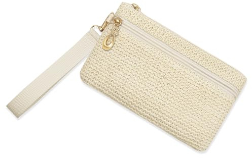 LJCZKA Small Straw Clutch Bag for Women Straw Purse Zipper Wristlet Wallets Bohemian Summer Beach Handbag Cellphone Bag with Wrist Strap (Beige)
