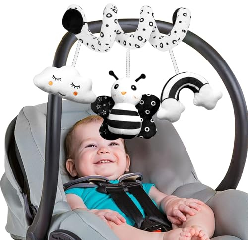 Byffoer Baby Spirale Kinderwagen Spielzeug,Babyschale Spielzeug Baby Spielzeug 0-6 Monate,Aktivitätsspirale Kinderwagenkette Schwarz Weiß Kontrast Hängespielzeug ab 3 Monate Neugeborenes Geschenke