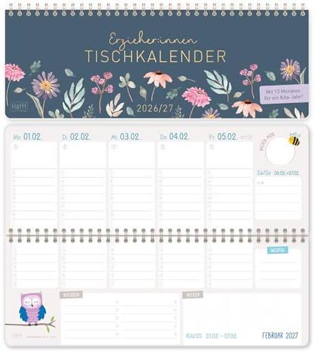 Häfft Tischkalender Erzieher & Erzieherinnen 2026/2027 „Flying Flowers“ | Wochenkalender für Kindergarten & Kita, Kita-Planer im Querformat mit Ringbindung, 13 Monate Laufzeit von Aug. 26 - Aug. 27
