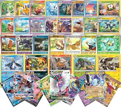 100 Verschiedene zufällige Pokémon-Karten-Bundle mit 3 seltenen Ultra-Rare-Karten in Deutsch OHNE Trainer-/Energiekarten + Sammlerzentrale-Sleeve