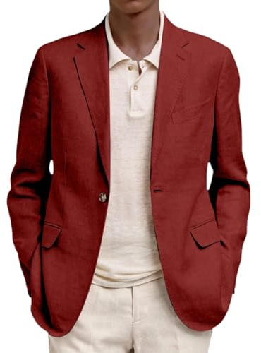 Chaqueta blazer para hombre, tela de lino de algodón, ajuste regular, cierre de dos botones, patrón de espiga, abrigo deportivo versátil para trajes