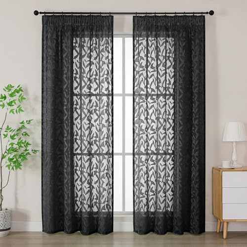Simplebrand Leah Schwarz Lichtdurchlässig Clip Jacquard Voile Ausbrenner Gardine mit Blätter Muster transparenter Vorhang mit Kräuselband Wohnzimmer Gardinenschals B140xH183cm Schwarz 2 St