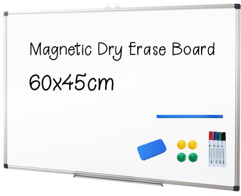 XIWODE Magnetic Whiteboard 60 X 45 cm Dry Erase White Board for Wall with Pen Tray, Aluminium Frame and Dry-Wipe Writing Surface for School, Home and Office