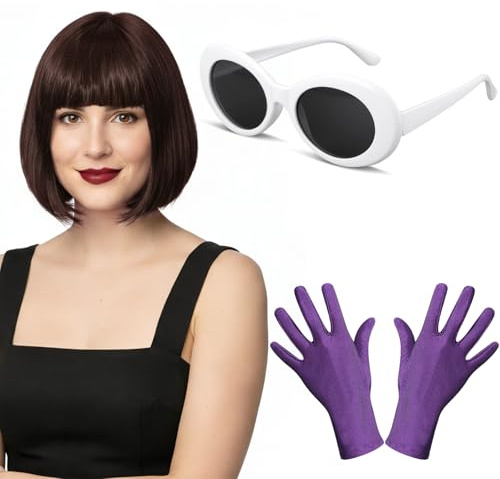 BBTO 3 Stück Karnevalskostüm Bob Perücke Schutzbrille Handschuhe für Damen | Braune Bob-Perücke, Lila Handschuhe, Für Karneval Fasching, 20s Hippie Cosplay