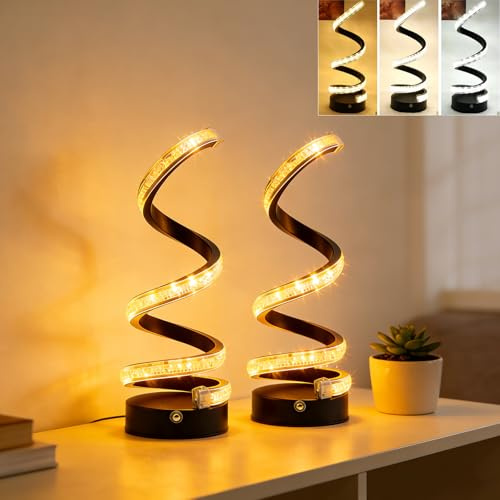 Sonhomay LED Tischlampe Spiral Schreibtischleuchte USB Nachttischlampen | 3 stufenlos dimmbare Nachttischlampe Gebogene für Wohnzimmer und Schlafzimmer (2 Stück Schwarz mit Glitzer, Einheitsgröße)