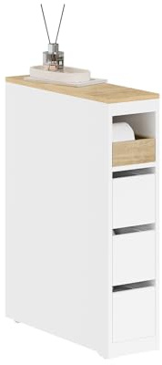 SoBuy Badezimmerschrank mit Rollen und 3 Schubladen 60x20x82,3cm Badezimmer | Schmaler Nischenschrank, Kompakte Badregal aus Holz, Beweglicher Toilettenschrank für kleine WC und Küche, Weiß, BZR54-K-W