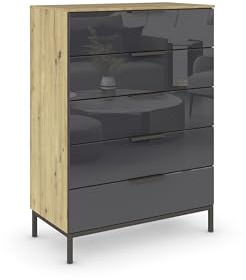 Rauch Möbel Flipp, Kommode, Farbe Glas Basalt/Eiche Artisan, Breite 80 cm | Sideboard, 5 Schubladen, Soft-Close, Griffe, Metallkufe Graphit für Schlafzimmer, Gästezimmer, Wohnzimmer