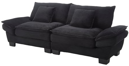 Koaris Sofa 2 Sitzer, Modernes Minimalistisches Cord-Sofa mit 2 weichen Kisse, Zweisitzer in Schwarz, für Wohnzimmer, Wohnung und Büro​