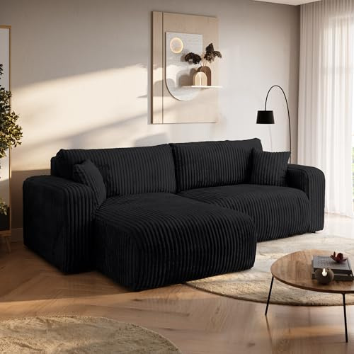 BROMARKT Ecksofa mit Schlaffunktion und Bettkasten 125x200cm L Schwarz | Schlafsofa mit Stauraum und Kissen Eckcouch Sofa für Wohnzimmer Wohnlandschaft 3 Sitzer Universell freistehend Couch TILIO