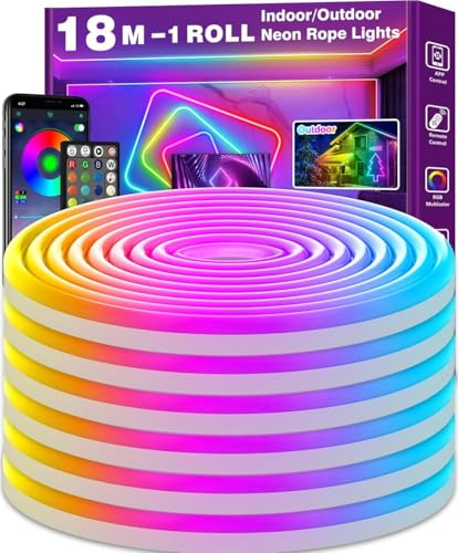 LETIANPAI 18M Neon LED Strip, Flexible LED Strips, Control with App/Remote, Multiple Modes, Waterproof, Music Sync Gaming Strip Lights for Bedroom Indoor, IP65 Outdoor RGB Neon Lights