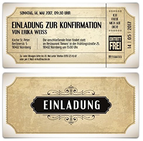 Kartenmachen.de Personalisierte Konfirmation Einladungskarten 10-100 Stück selbst gestalten - Vintage Eintrittskarten in Weiß - DIN Lang 210x99mm