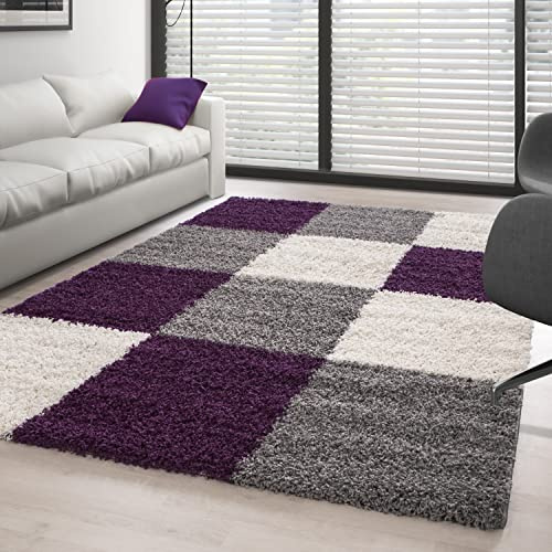 Carpettex Hochflor Teppich Wohnzimmer Shaggy Flokati Teppich Modern Kariert Design 120 x 170 cm Violett - Teppich Schlafzimmer Weich Flauschig Waschbar Teppich Küche Esszimmer - Langflor Teppiche