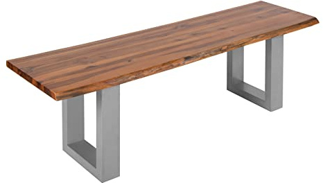 SAM Sitzbank 140x40 cm Esra, Akazien-Holz, Massive Holzbank, Baumkantenbank mit Silber lackierten Metallbeinen