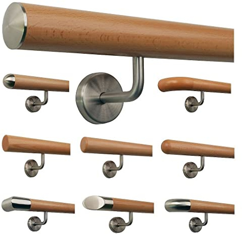 TIBU Buche Geländer Handlauf Treppe Holz Griff gew. Edelstahlhalter, Länge 30 - 500 cm aus einem Stück / Variante:110 cm mit 2 Halter leicht gewölbte Kappe