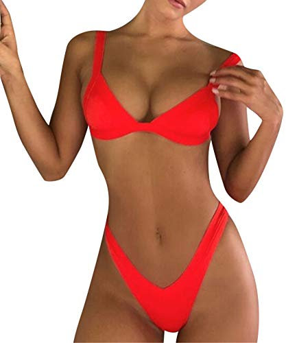 DAY8 Maillot de Bain 2 Pièces Femme Taille Haute String Sexy Sport Pas Cher Bikini Grande Taille Push UP Brésilien Tankini Shorty Vintage Swimwear Plage Piscine (L, Rouge)