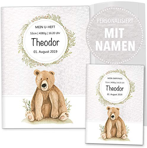 OLGS U-Heft Hüllen 3-teilig Set | Baby Tiere | Hochwertige Hüllen für Kinder Untersuchungsheft & Impfpass | Geschenkidee personalisierbar mit Namen, Geburtsdatum (Uhefthülle Set personalisiert, Bär)