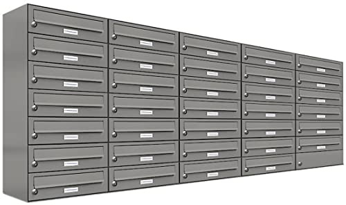 AL Briefkastensysteme 34er Briefkastenanlage Aluminiumgrau RAL 9007, Premium Briefkasten DIN A4, 34 Fach Postkasten modern Aufputz