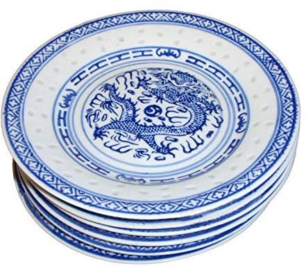 Chinese Blue and White Side Plates - Rice Pattern - Set of 6-15cm