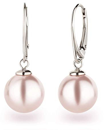 Schöner-SD 925 Silber Perlenohrringe Ohrhänger mit 12mm großen runden Perlen hell-rosa