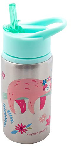 Stephen Joseph Stainless Steel Water Bottles, 18 OZ, Straw lid, Reusable Tumbler, Insulated, Sloth