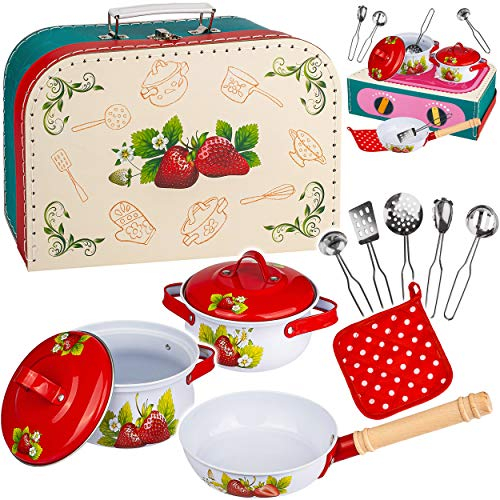 alles-meine.de GmbH 12 TLG. Set Koffer - Kochset & Topfset - Puppengeschirr/Kochtopfset - Erdbeere & Kochplatte - aus Metall/Emaille - echte Blech Töpfe/Panne + Küchenhel..
