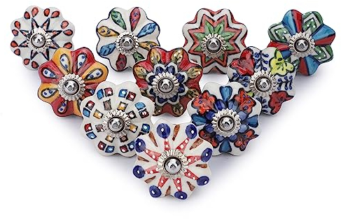 Ajuny Pomos de Cerámica con Diseño de Puntos Multicolores para Armarios Cajones y Muebles con Diseño de Calabaza para Armarios de Cocina Tocador Acabado Brillante Juego de 10