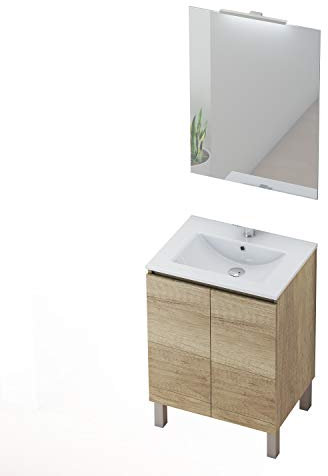 Baikal Conjunto Mueble de Baño con Lavabo y Espejo con Aplique LED con Patas, en Varios Acabados, Melamina 16. 2 Puertas 60 cm Nature