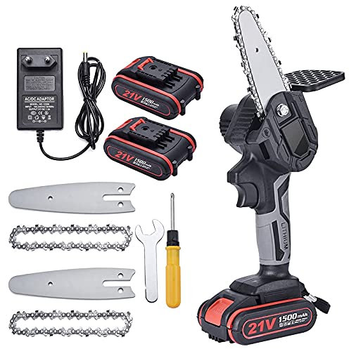 WEIWAN Mini Tronconneuse Electrique a Batterie 1500mAh Rechargeable sans Fil avec Chargeur, Mini Tronçonneuse Sans Fil De 4 Pouces, 21V, Puissant 6m/s, 2 batterie, 2 Chaîne, 2 Guidage