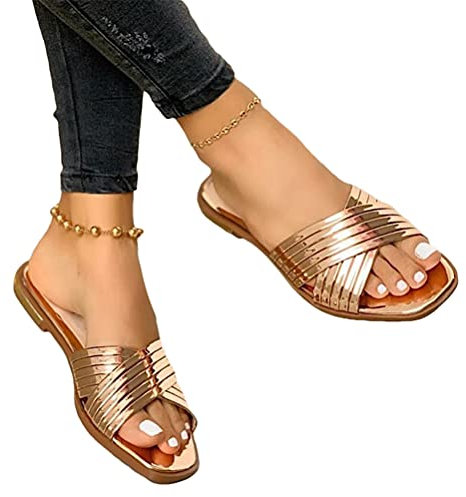Minetom Sandales Femmes Plates Sandales Été Bout Ouvert Metallic Boucle Plage Vacances Loisir Nu-Pieds Chaussures C Or Rose 35 EU