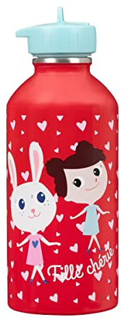 Gourde enfant Acier inoxydable DRAEGER PARIS - Facile à nettoyer - gourde réutilisable - Idéale pour parc, école - Contenance 300ml - 17 cm x 6,5 cm - Rouge - Message inscrit : Fille chérie - Lapin
