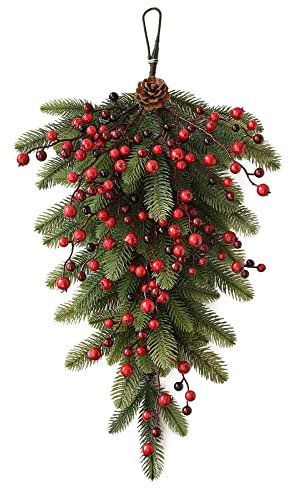 SJDWDX Albero di Natale a testa in giù decorativo, albero di Natale a testa in giù, albero di Natale smerigliato verde bacca pianta da appendere alla parete per la casa e la parete della finestra
