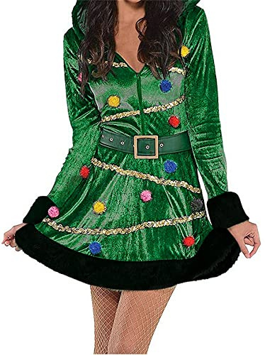 Women's Christmas Santa Claus Costume Christmas Tree Dress Hooded Sequin Fancy Costume for Xmas Party