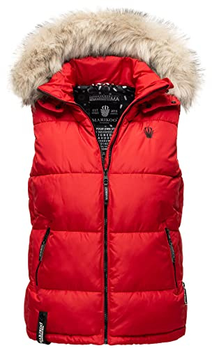 MARIKOO Damen Winter Weste Steppweste mit Kapuze und Fellkragen B896 [B896-Eisflöckchen-Rot-Gr.XL]