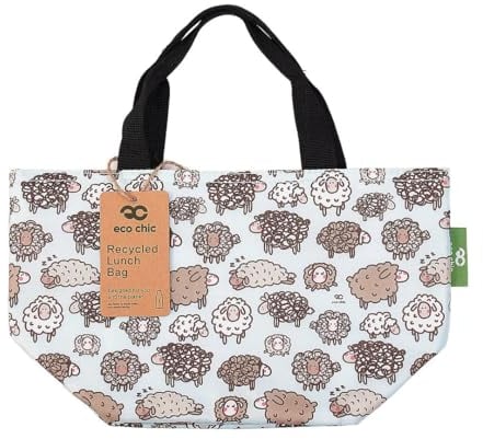 ECO CHIC Lightweight Foldable Insulated Lunch Bag Water Resistant Cooler Bag (Cute Sheep Blue)