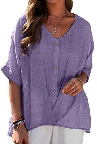 ORANDESIGNE Camicia Donna Elegante Curvy Manica Corta Scollo A V Camicetta Taglie Forti Blusa Sexy Trasparente Maglietta Casuale Tinta Unita Estivo Vintage Lino T-Shirt Viola XXL