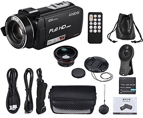 Andoer Videocamera 1080P 24MP con grandangolo 0,39X + obiettivo macro 3 & LCD touch screen telecomando LED luce supporto 10X zoom ottico microfono esterno