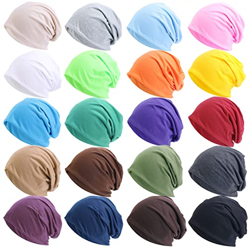 Tergy 20 Stück Unisex-Beanie-Mützen für Männer und Frauen, lässige Beanie-Hip-Hop-Kappen, leicht, weiche Totenkopf-Mützen für Chemo-Schlaf, einfarbige Farbe, Solid Color