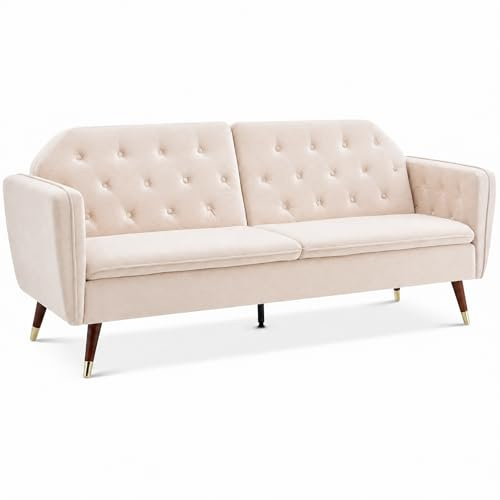Bravich Victoria 3 Seater Velvet Sofa Bed, Split Back Click Clack Sofa Bed, Each Side Reclines Independently or Folds Flat to a Double Guest Bed, Gold Legs Settee Couch, Cream