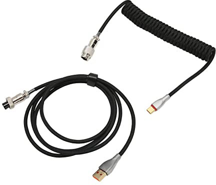 Septpenta Double Sleeved Mechanical Keyboard Cable, with Detachable Metal Aviator, Charge Quickly, USB C to USB A, Coiled Keyboard Cable for Most USB C Mechanical Gaming Keyboards(Black)